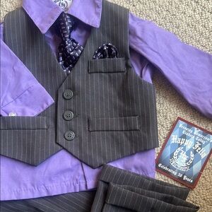 Purple Dress Shirt with Gray Pinstripe Vest, pants and Tie Set 12M